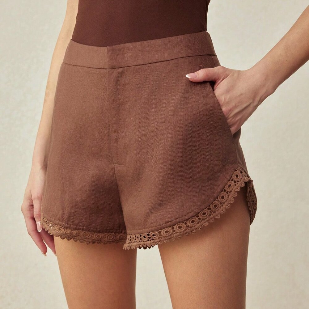 Coffee Brown Casual Women's Contrast Lace Trim Shorts